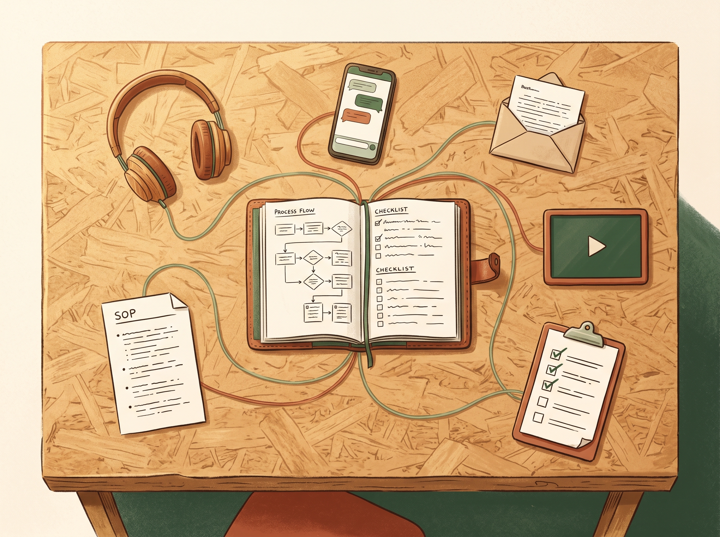 An overhead view of a worn wooden desk. At the centre, an open notebook showing a process flow diagram and a checklist — the master operations manual. Arranged around it: over-ear headphones (audiobook), a smartphone showing a chat helper, a printed letter in an envelope (pre-arrival pack), a small screen with a play icon (training video), a clipboard with a ticked checklist (quiz), and a printed SOP page. All connected back to the central notebook by thin sage-green and terracotta threads.